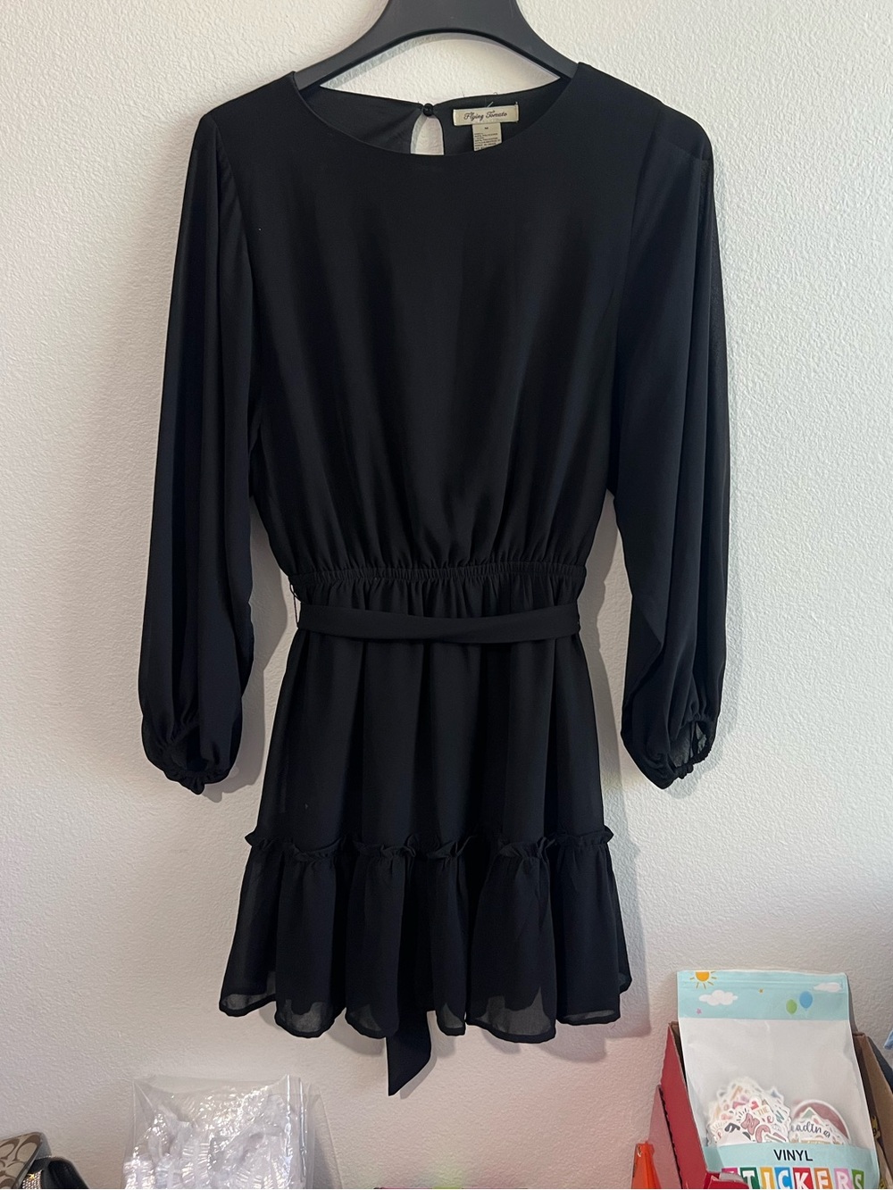 Flying Tomato Black Chiffon Shear Long-Sleeve Tie-Waist Ruffle Hem Mini Dress